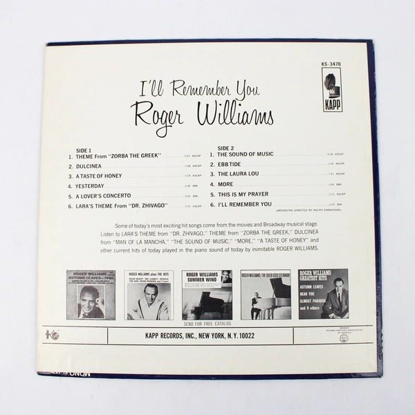 A I’ll Remember You Roger Williams Zorba Dulcinea Honey Vintage Vinyl KL 1470