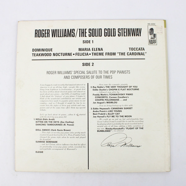 Roger Williams The Solid Gold Steinway Vinyl Record LP Vintage 1964 Jazz