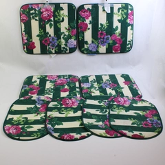 8 Pc Set Syroco Pink and Green Striped Floral Placemats & Chair Cushions Flawed