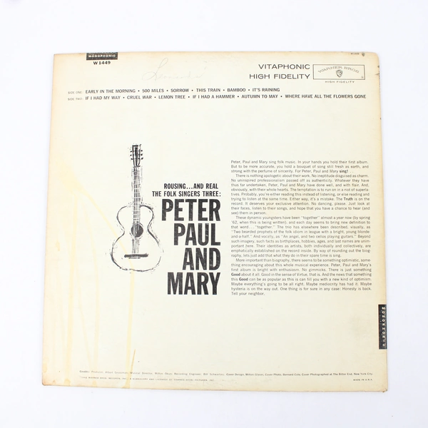 1962 Peter Paul and Mary Self Titled Vinyl LP Warner Bros