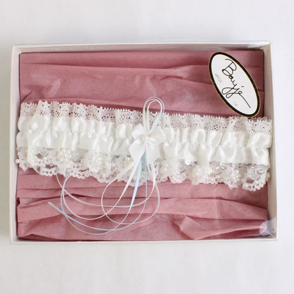Bayje White Lace Bridal Garter with White & Blue Ribbons