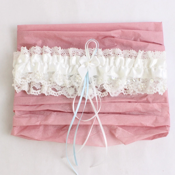 Bayje White Lace Bridal Garter with White & Blue Ribbons