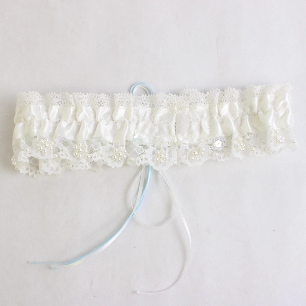 Bayje White Lace Bridal Garter with White & Blue Ribbons