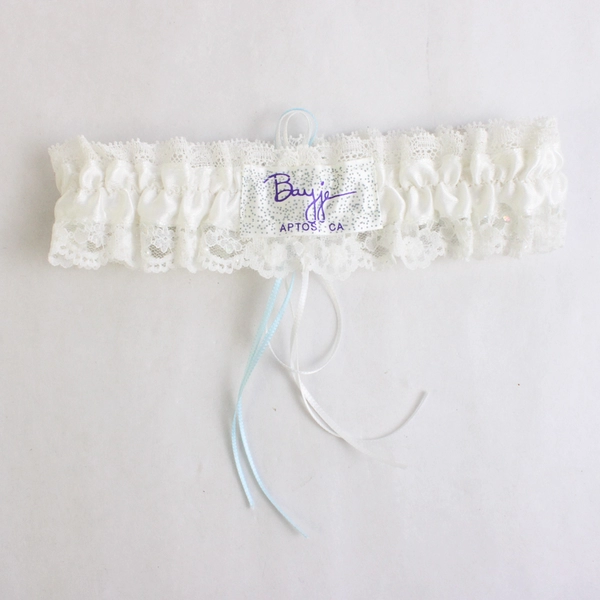 Bayje White Lace Bridal Garter with White & Blue Ribbons