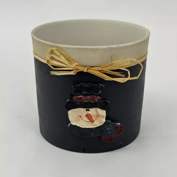 Black Ceramic Storage Jar With Beige Interior Snowman Pattern