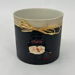 Black Ceramic Storage Jar With Beige Interior Snowman Pattern