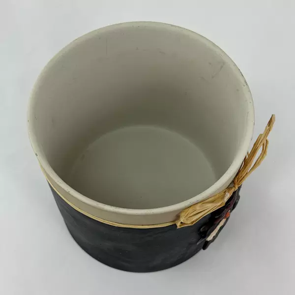Black Ceramic Storage Jar With Beige Interior Snowman Pattern