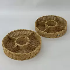Lot of 2 Vintage Round Wicker Rattan Natural Fiber Multi Slot Organizers