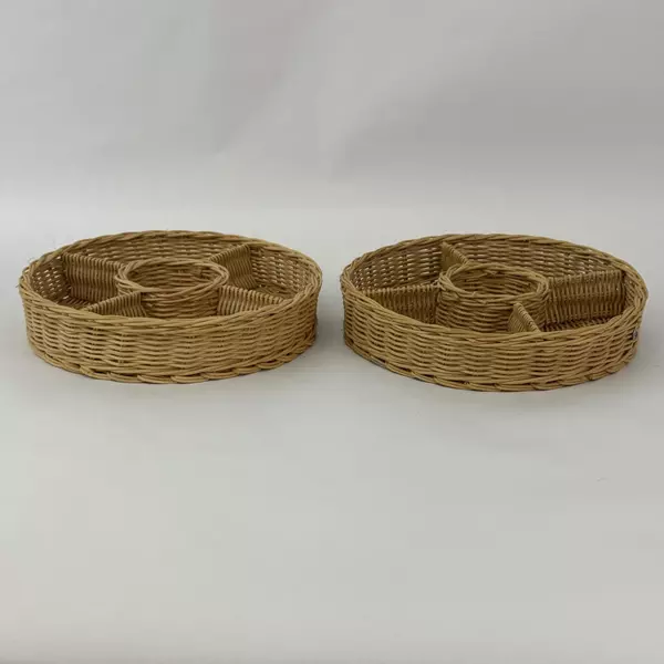 Lot of 2 Vintage Round Wicker Rattan Natural Fiber Multi Slot Organizers