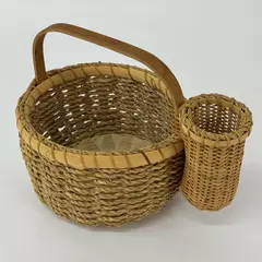Vintage Handmade Wicker Oval Basket with Attached Smaller Basket Rustic Decor
