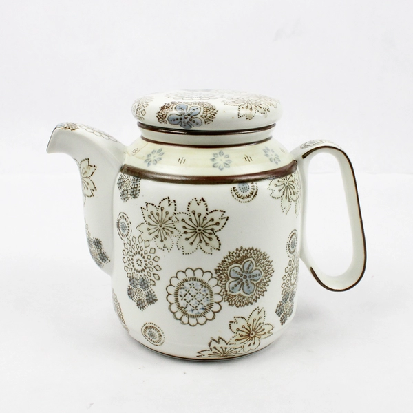 World Market Ceramic Tea Pot With Lid Floral Beige Funky Shape 6" Tall