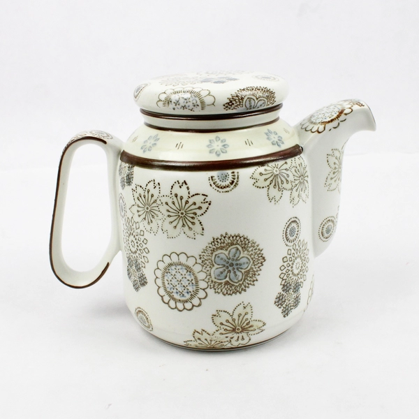 World Market Ceramic Tea Pot With Lid Floral Beige Funky Shape 6" Tall