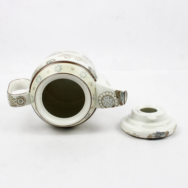 World Market Ceramic Tea Pot With Lid Floral Beige Funky Shape 6" Tall