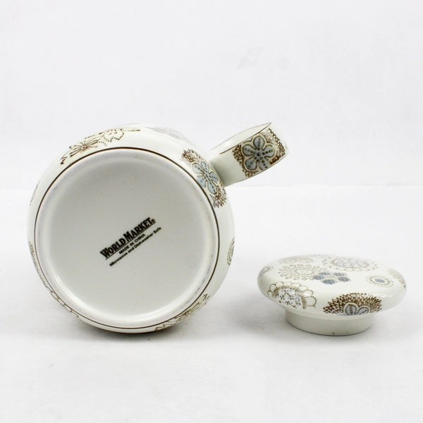 World Market Ceramic Tea Pot With Lid Floral Beige Funky Shape 6" Tall
