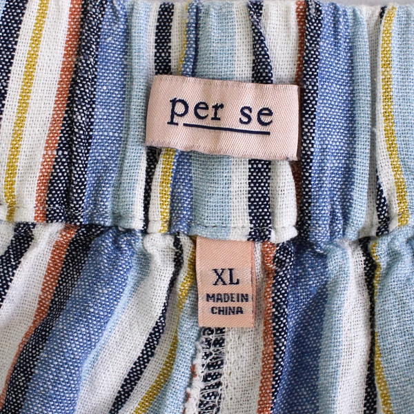 Per Se Linen Blend Boho Striped Tie Waist Fold-Over Hem Shorts Women's Size XL