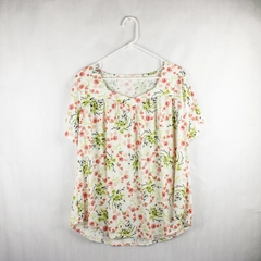 White T-Shirt Pink and Green Floral Pattern Women's Size XXL