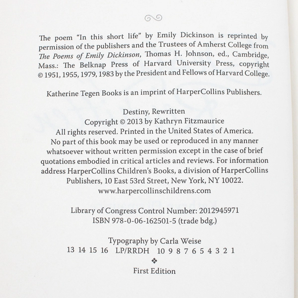 Destiny Rewritten by Kathryn Fitzmaurice 2013 1st Edition Hardcover Dust Jacket