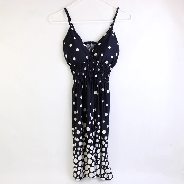 Navy Blue and White Polka Dot Smocked Swim Dress Women's Size Small