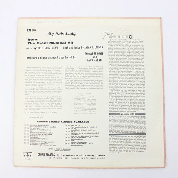 My Fair Lady Vinyl Record 33 RPM Crown Records CLP 5042
