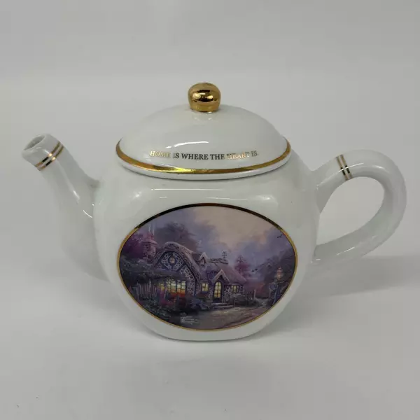 1980's Thomas Kinkade Teleflora Home Is Where The Heart Is Teapot Gold Trim