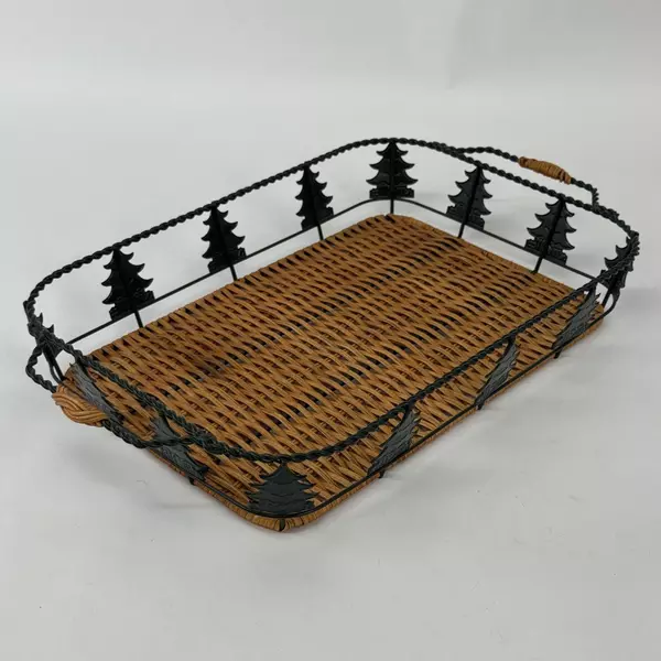 Pine Tree Metal with Open Weave Wicker Rattan Tray Basket With Handles