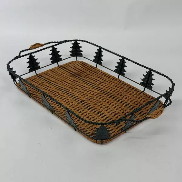 Pine Tree Metal with Open Weave Wicker Rattan Tray Basket With Handles