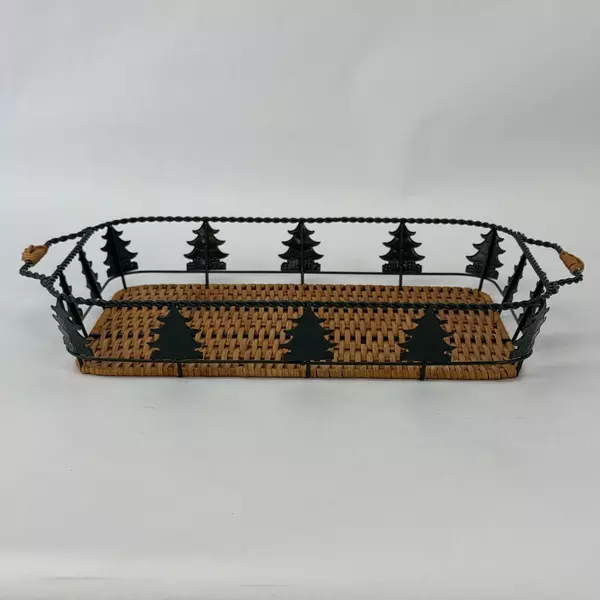 Pine Tree Metal with Open Weave Wicker Rattan Tray Basket With Handles