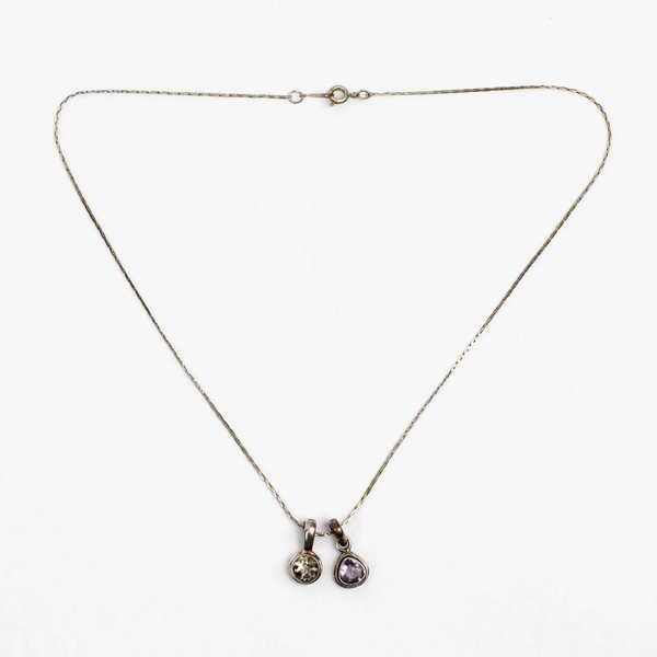925 Sterling Silver Necklace 2 Pendants Purple and Colorless Stones