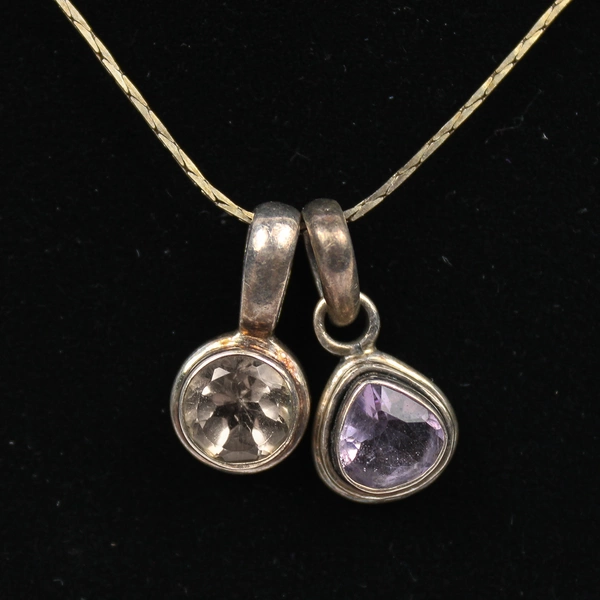 925 Sterling Silver Necklace 2 Pendants Purple and Colorless Stones