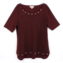 Carolyn Taylor Maroon Red T-Shirt Gold-Tone Grommets Women's Large