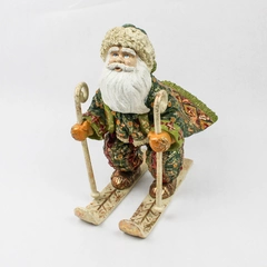 Green Red and Gold Skiing Old World Santa Resin Figure 10"