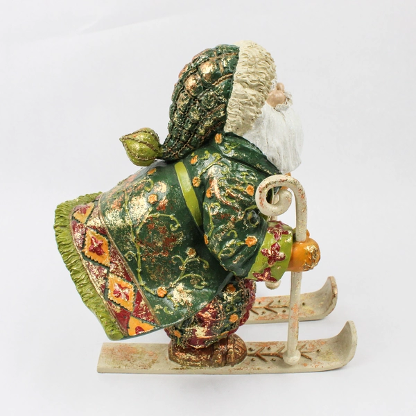 Green Red and Gold Skiing Old World Santa Resin Figure 10"