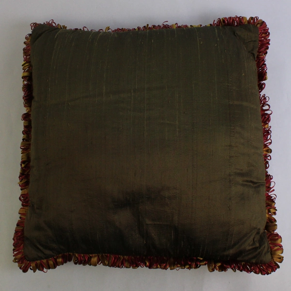 Romantic Home Green Throw Pillow Yellow & Red Fringe 17" x 17"