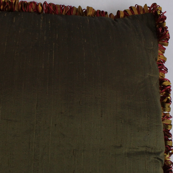 Romantic Home Green Throw Pillow Yellow & Red Fringe 17" x 17"