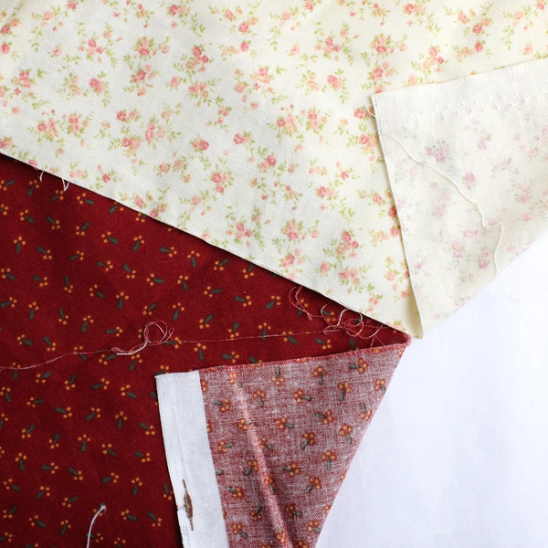 3 Pc Lot Floral Patterned Quilting Fabric Scraps Red and Cream 4+ Yards Total