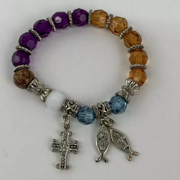 Stretch Bracelet Silver Tone Multicolor Beads Dangle Cross Fish Charms