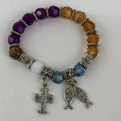 Stretch Bracelet Silver Tone Multicolor Beads Dangle Cross Fish Charms