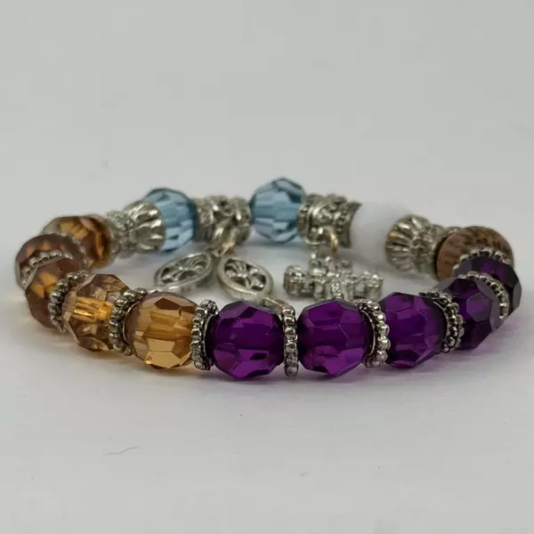 Stretch Bracelet Silver Tone Multicolor Beads Dangle Cross Fish Charms