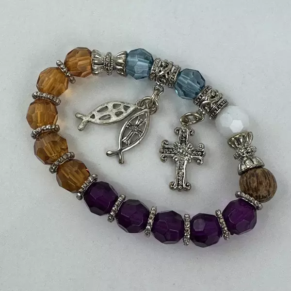 Stretch Bracelet Silver Tone Multicolor Beads Dangle Cross Fish Charms