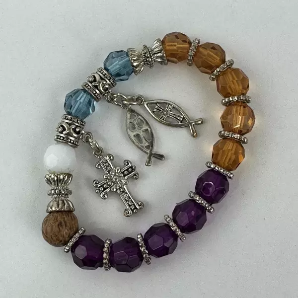 Stretch Bracelet Silver Tone Multicolor Beads Dangle Cross Fish Charms