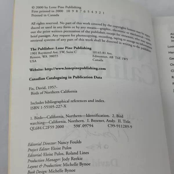 Birds of Northern California by David Fix & Andy Bezener 2000 Trade Paperback