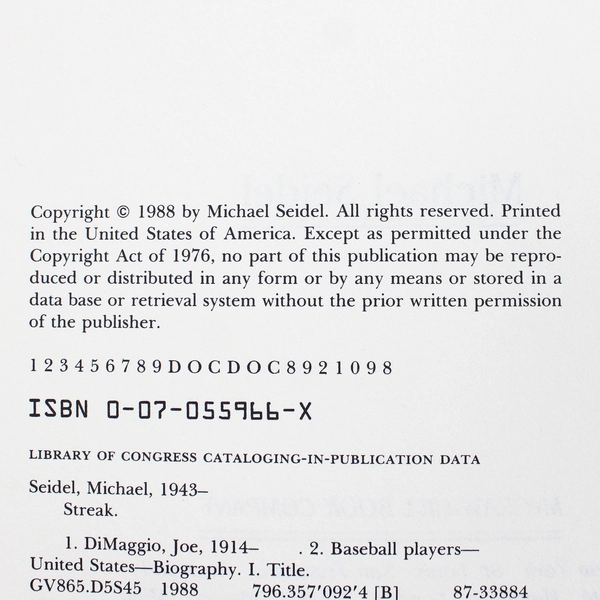 STREAK Joe Dimaggio and the Summer of’ 41 Baseball Michael Seidel 1st Ed. 1988