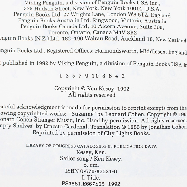 Sailor Song Hardcover by Ken Kesey 1992 Viking Press Hardcover