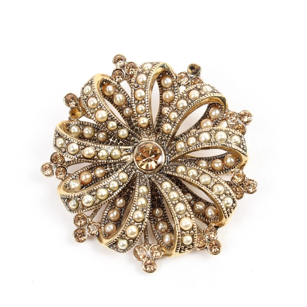 Vintage Liz Claiborne Amber Rhinestone Faux Pearl Gold-Tone Brooch Flawed