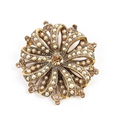 Vintage Liz Claiborne Amber Rhinestone Faux Pearl Gold-Tone Brooch Flawed