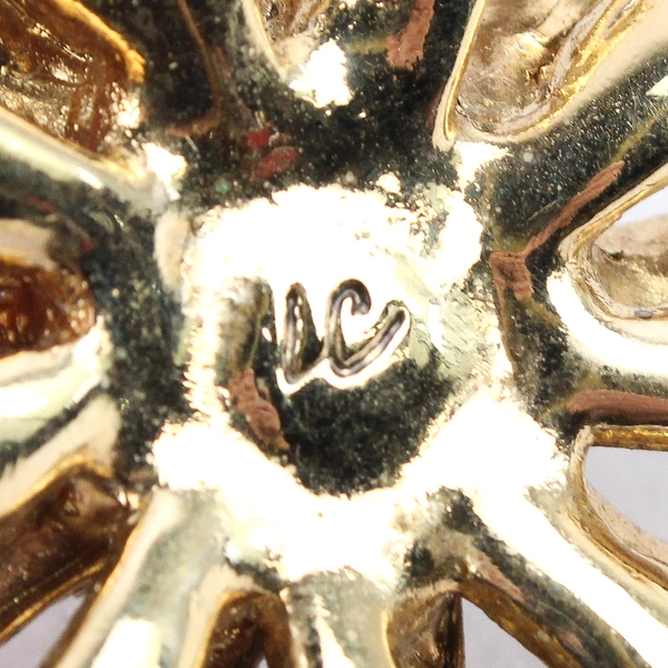 Vintage Liz Claiborne Amber Rhinestone Faux Pearl Gold-Tone Brooch Flawed