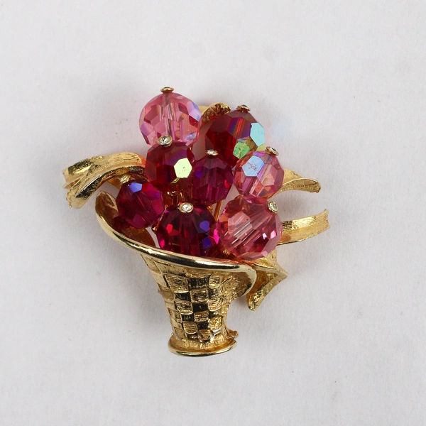 Unmarked Gold-Tone Brooch Pink Beaded Flower Vase Design