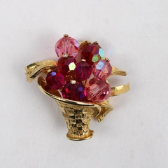 Unmarked Gold-Tone Brooch Pink Beaded Flower Vase Design