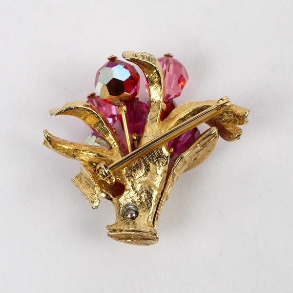 Unmarked Gold-Tone Brooch Pink Beaded Flower Vase Design
