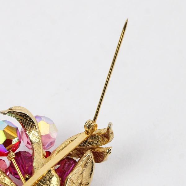 Unmarked Gold-Tone Brooch Pink Beaded Flower Vase Design